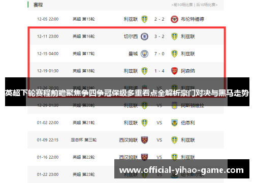 英超下轮赛程前瞻聚焦争四争冠保级多重看点全解析豪门对决与黑马走势 英超下轮赛程前瞻聚焦争四争冠保级多重看点全解析豪门对决与黑马走势
